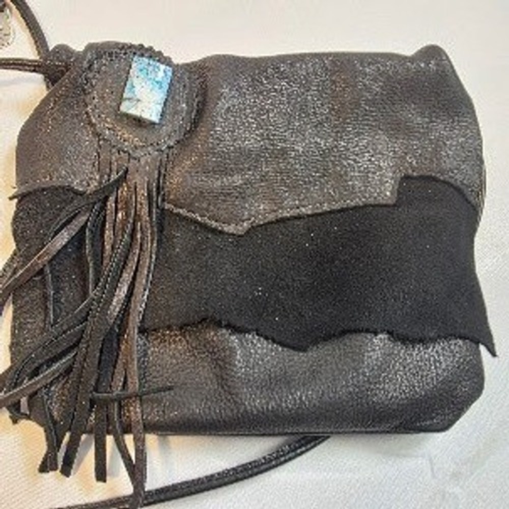 Erda Deerskin Leather Convertible Crossbody Bag Fringe Turquoise Black Metallic